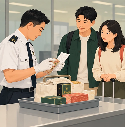 情境示意：需要时向海关出示物品与凭证；不是所有旅客必经的逐件开箱流程。