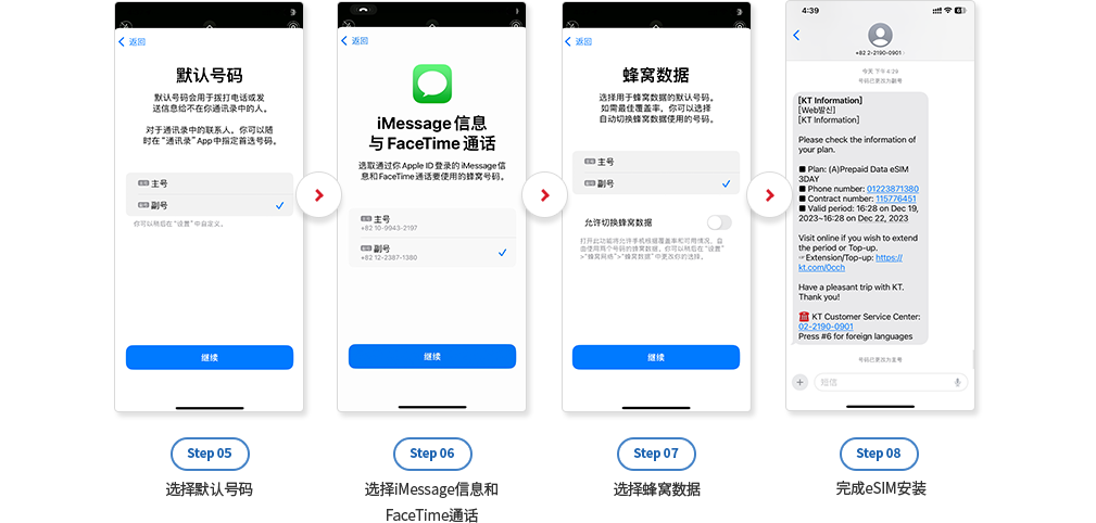 KT官方中文图：默认号码、iMessage、蜂窝数据与确认短信。不要照搬图中的号码、日期或线路选择。