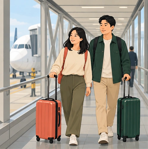 情境示意：下机后沿到达标识前往检查区域。图中空间不是仁川真实布局。