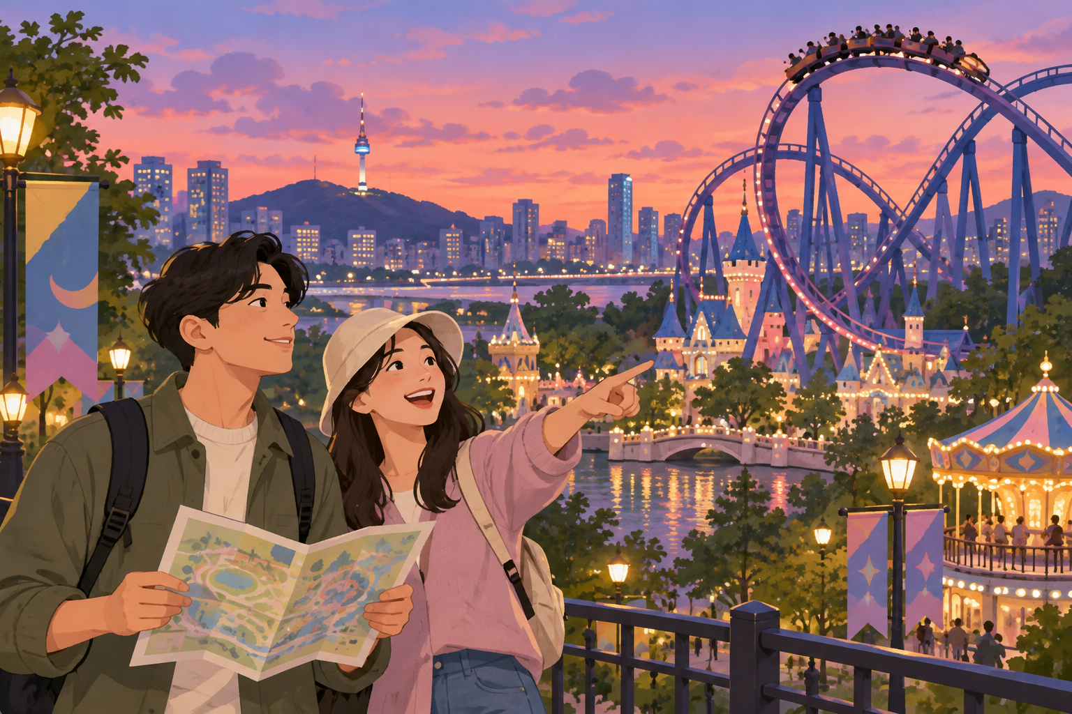 AI原创情境插图：首尔主题乐园夜间游玩场景示意；不代表当天园区、项目或天气。