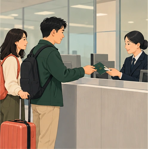 情境示意：按工作人员要求出示本人护照。护照外观、制服与柜台均非官方样本。