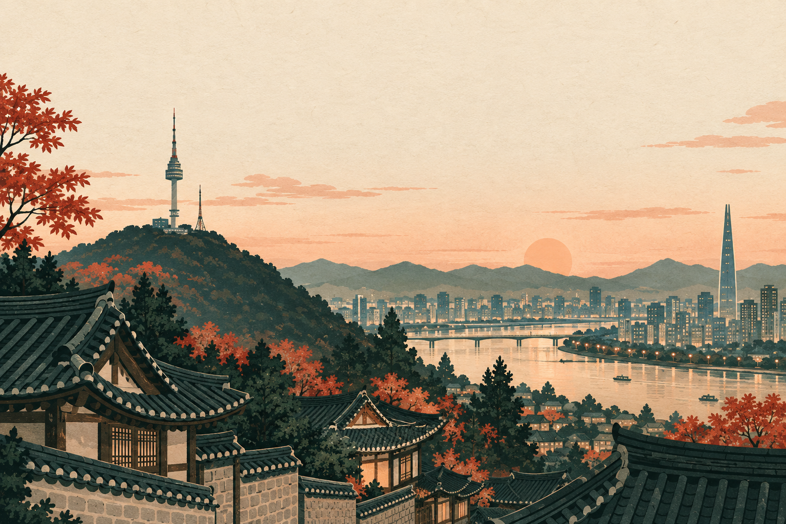 首尔秋日城市概念插画：韩屋、江水与天际线。AI创作，非实景、地图或红叶预报。